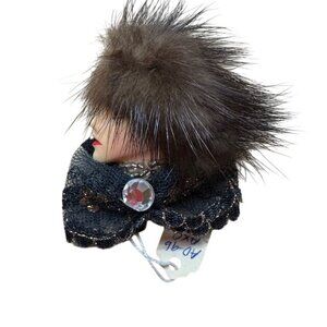 Vintage Faux Fur & Lace Face Brooch With Rhinestone Accent Pin